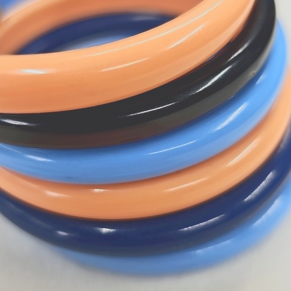 Vtg 80s Colorful Bangle Set, Peach, Navy, Brown & Blue - Picture 3 of 4